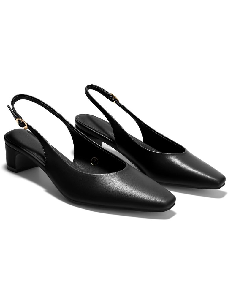 Women's Black Chunky Low Heels Slingback Pumps Closed Square Toe Dress Shoes